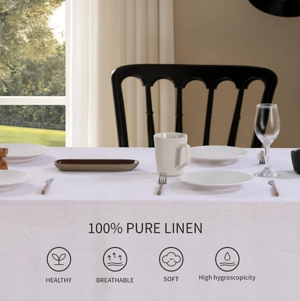 AORISSI 100% Pure Linen Scalloped Embroidery Rectangle Tablecloths 108Lx60W Inch